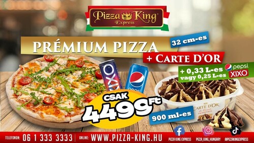 Pizza King 7 - 32cm prémium pizza jégkrémmel és üdítővel - Jégkrém menük - Online rendelés